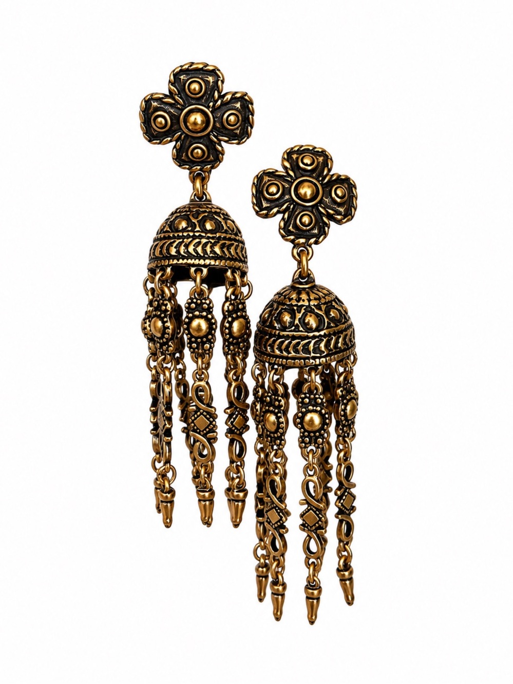 Oscar de la Renta Carved Russian Gold Ornate Bell Chandelier Earrings